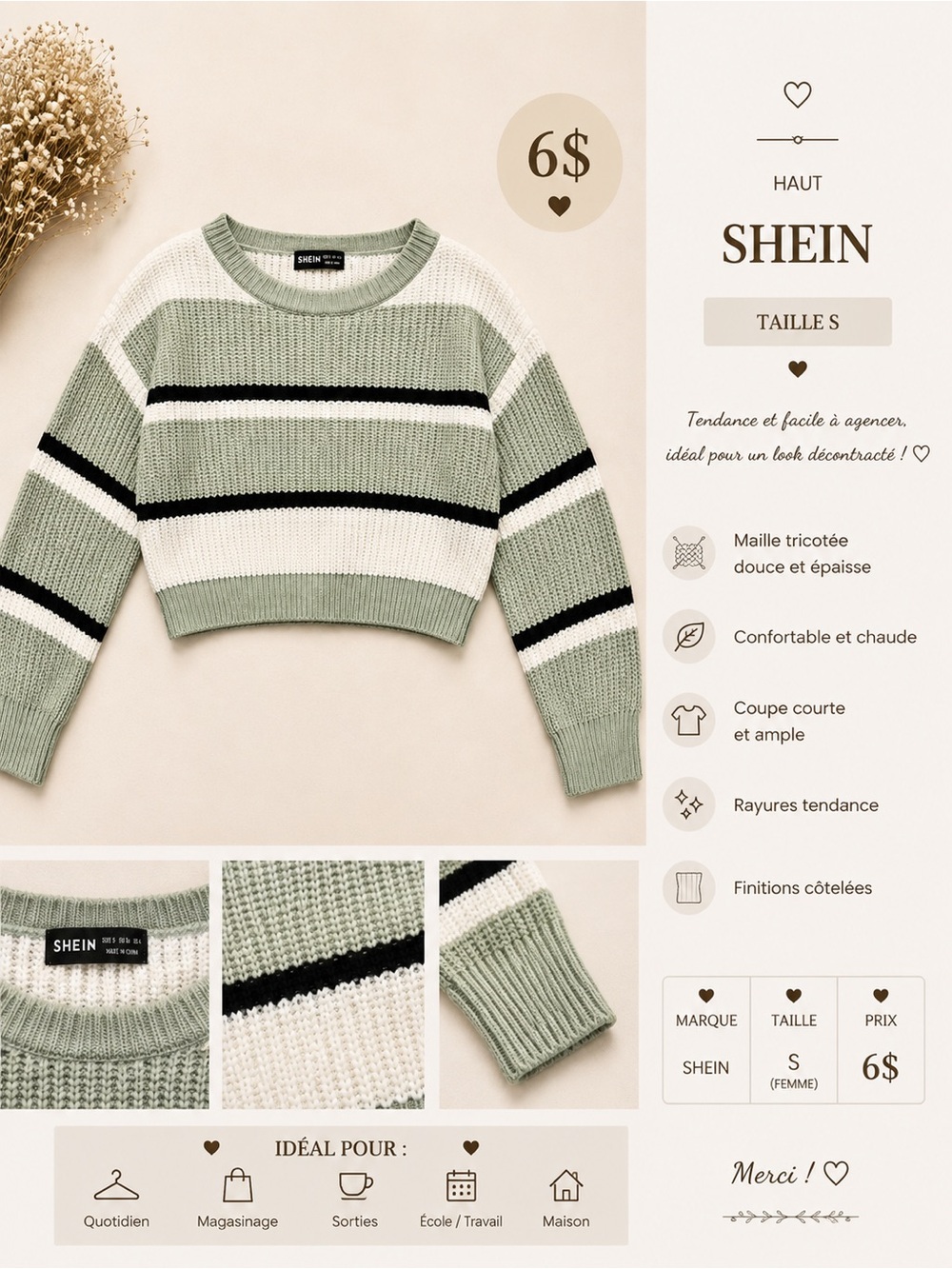 SHEIN Sage Green, White & Black Striped Cropped Sweater